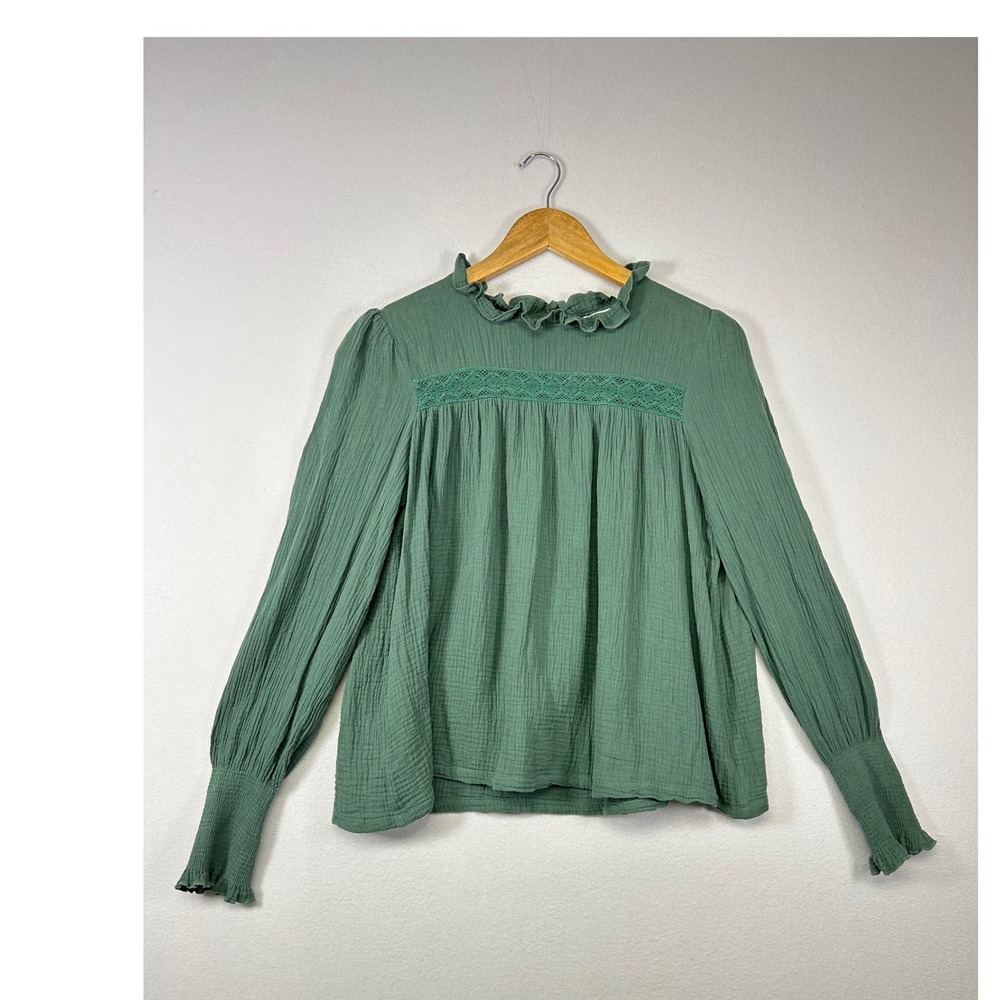 Boho Cottagecore Indie & Co Womens Large Sage Green Gauze Ruffle Lace Blouse